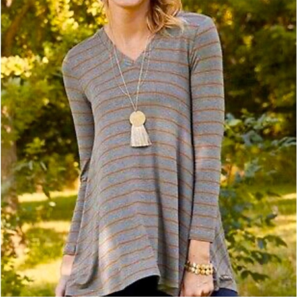 MATILDA JANE Charcoal Gray/Orange Striped Windsong Tunic, Size Small